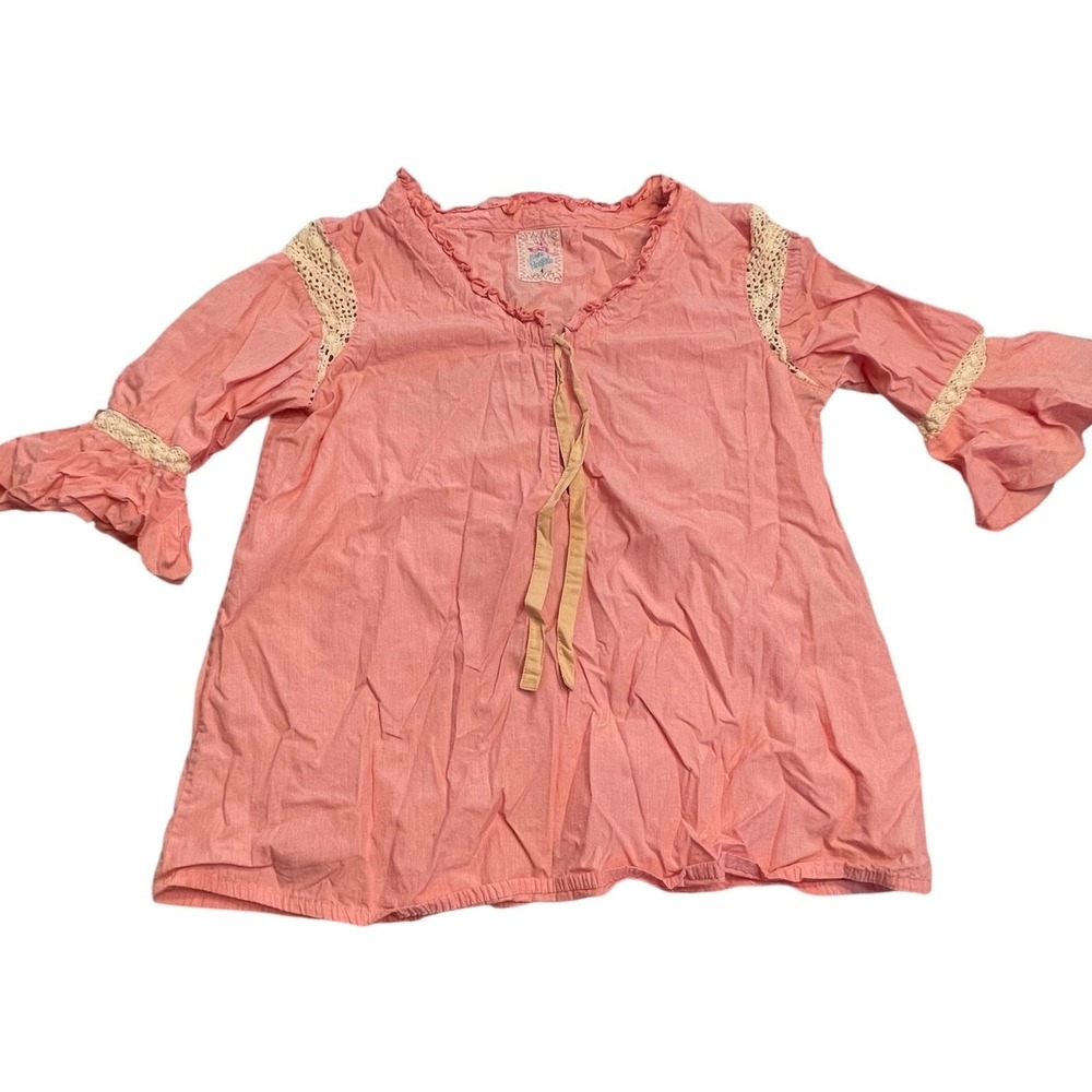 Free People Pink Striped Crochet Lace Bell Sleeve Peasant Blouse Top Size 4